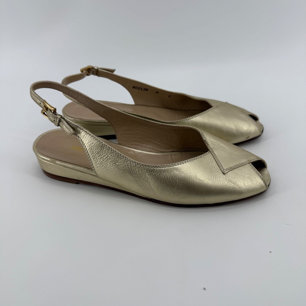 Bruno Magli Gold Leather Slingback Peep Toe Flats Low Wedge Italy Womens 8 C
